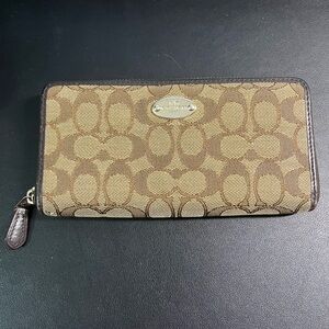 Coach Signature Brown and Tan Accordion Zip Jacquard Canvas Wallet with Logo